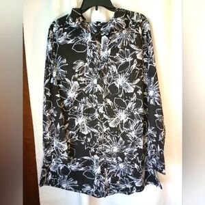 Roamans Women's 20W Artsy Floral Button Front Tunic Brown Cream Beachy Lagenlook